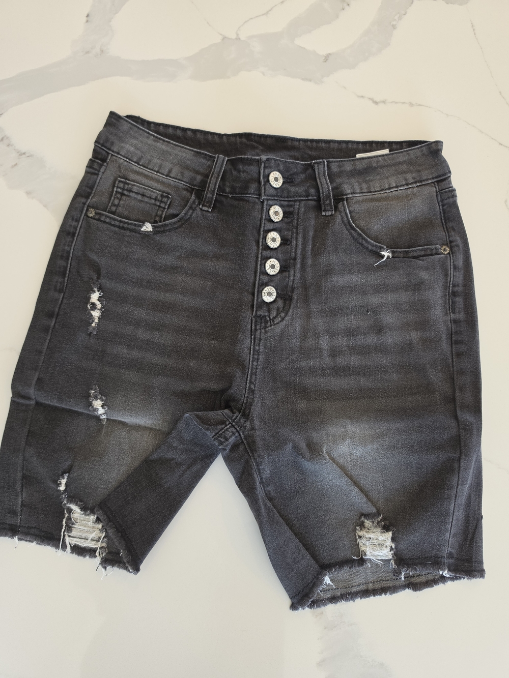 Black Distressed Button-Fly Denim Shorts